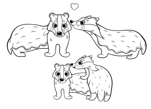 Cute cartoon wild badgers family vector coloring page outline. Male and female badgers or brocks with their badgers. Coloring book of forest animals for kids. Isolated on white background