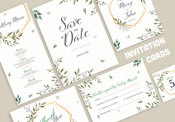 Wedding Invitation Layout Set with Green Leaves