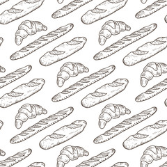 Hand drawn Bakery products. French Pastries Vector Seamless pattern. Bread, baguette and croissant