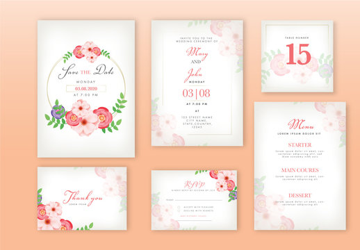 Wedding Invitation Layout Set with Paper Flowers