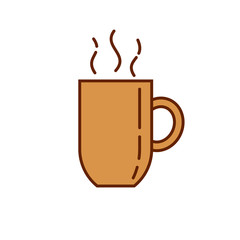 Coffee tea cup mug icon. Linear style illustration. Cup with hot beverage with aroma steam. Mug isolated on white. Ocher pastel color.