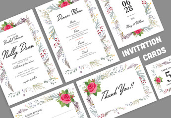 Wedding Invitation Layout Set with Colorful Flowers