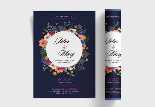 Wedding Invitation Card Layout with Colorful Flowers
