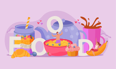 People With Breakfast Flat Colored Composition