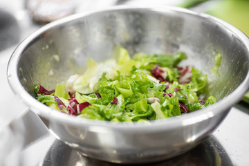 Vegetable salad green with dressing olive oil in steel plate