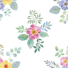 Hand painted watercolor charming combination of Flowers and Leaves isolated on white background.Drawn flowers on a white background.