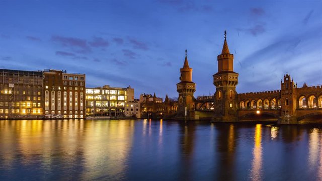 Blue Hour Time Lapse of Berlin Oberbaumbruecke with Spree River, Berlin, Germany