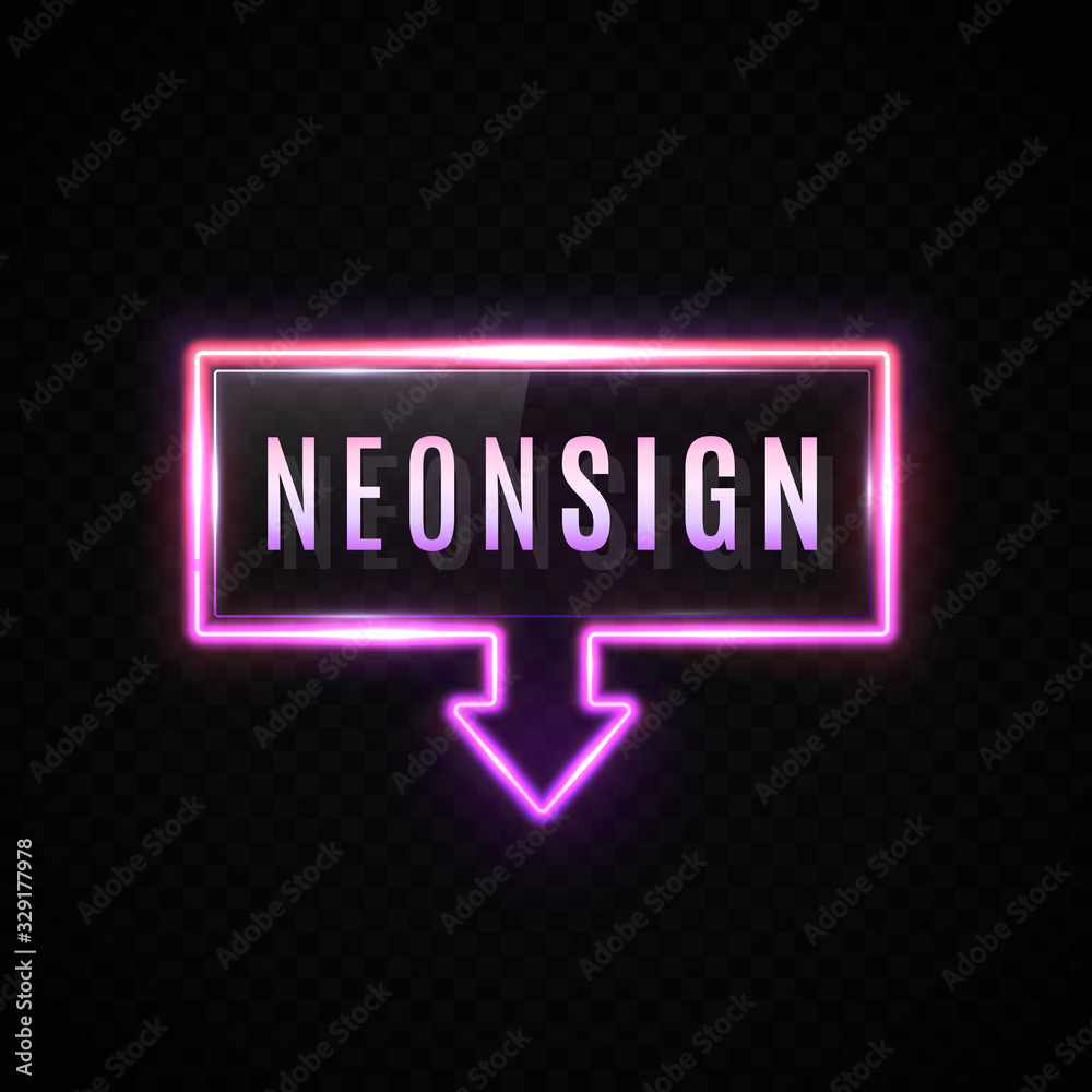 Wall mural neon banner with down arrow on dark transparent background. 3d rectangle gradient sign with glossy p