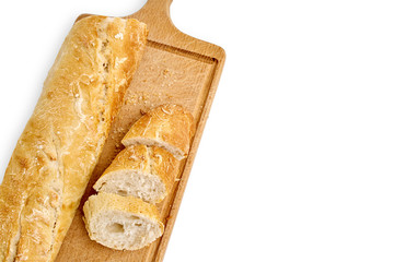 French lunch, breakfast baguette, Fresh natural French baguette, natural wooden cutting board, morning pastries from the bakery, delicate baguette, golden crust