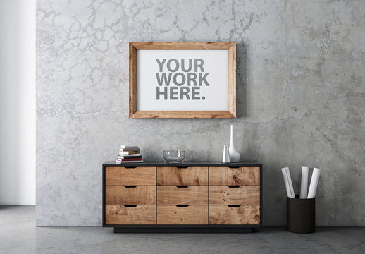 Poster in Horizontal Wooden Frame on Concrete Wall Over Dresser Mockup