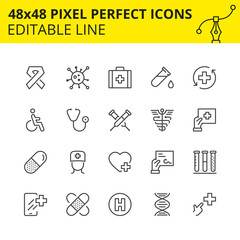 Scaled Icons of Medical care and Pharmacy. Includes Сaduceus, Virus, Doctor, DNA. Pixel Perfect 48x48, Editable Set. Vector.