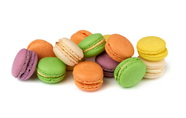 round baked multi-colored almond flour cakes macarons, dessert isolated on a white background