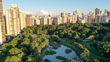 Aerial view of the largest park ofGoiania, Goias, Brazil with tropical forest and many residential...