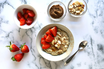 Bowl of Oatmeal with Strawberries, Almonds and Flaxseed