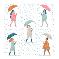 set of women under umbrellas vector illustration