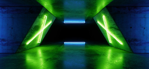Futuristic Sci Fi Modern Realistic Neon Glowing Green Pantone Blue Led Laser Light Tubes In Grunge Rough Concrete Reflective Dark Empty Tunnel Corridor Background 3D Rendering