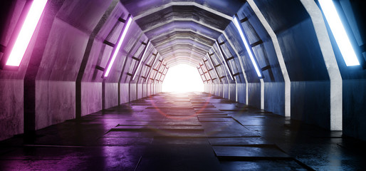 Sci Fi Oval Arc Shaped Alien Empty Long Grunge Concrete Tiled Reflective Floor Corridor Tunnel Hall With Blue Purple Lights Futuristic Bright 3D Rendering