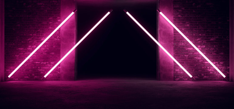 Sci Fi Modern Futuristic Neon Glowing Triangle Shaped Purple Pink Glowing Tube Lights With Empty Space On Reflective Concrete Floor Brick Walls Gallery Room 3D Rendering © IM_VISUALS