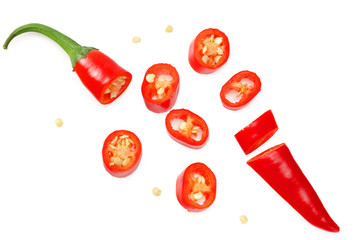 sliced red hot chili peppers isolated on white background. top view