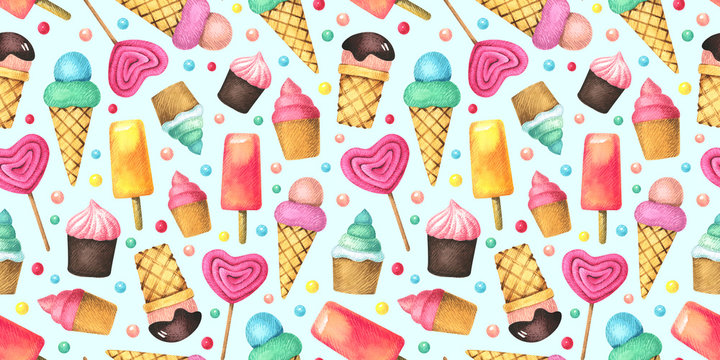  Seamless pattern with ice cream, desserts and sweets.