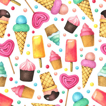 Seamless pattern with ice cream, desserts and sweets.