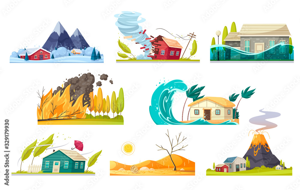 Sticker natural disaster cartoon set