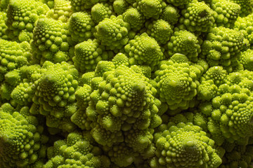 Green Romanesco broccoli. macro photo. Natural fractal patterns 
