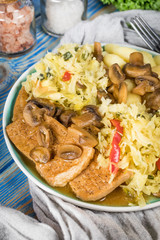 Braised pork loin with mushrooms.