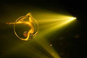 Flexible young woman make performance on aerial hoop, flexible back on aerial hoop, aerial circus show, yellow light. Flexible woman gymnast upside down on hoop. Golden costume, free space on right © Dima