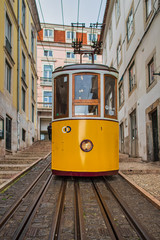 Plakat view of Bica funicular in Lisbon Downtown