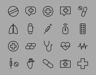  Simple Set of Medicine, Pills Related Vector Line Icons. Contains icons such as Pain, Syringe, tablet and more. Editable stroke. 480x480 pixels perfect, on a white background