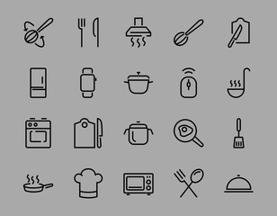   Set of cooking and kitchen icons, Vector lines, contains icons such as frying pan, frying, microwave, fork with spoon, Editable stroke, perfect 480x480 pixels, white background.