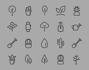   A set of Rosteniya Icons, and garden care, Vector illustration, Contains Icons such as tree, cactus, watering can, spade, flower and much more. on a white background, editable bar 480x480