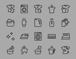  Simple set of washing related vector line Icons. Contains icons such as washing machine, powder, laundry, dirty t-shirt and much more. On a white background, editable stroke. 48x48 pixels perfect