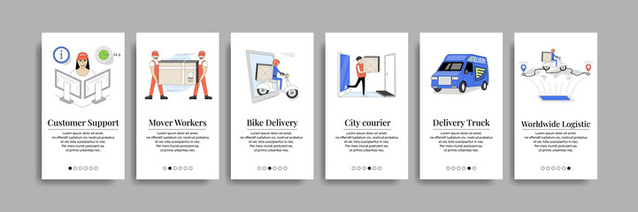 Delivery company illustration set. Mobile onboarding screen template. Light outline drawing style. Isolated illustration pack for your design, infographic, landing page or app designing.