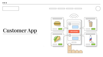 Food ordering creative concept. Light outline drawing style. Isolated illustration for your design, infographic, landing page or app designing.