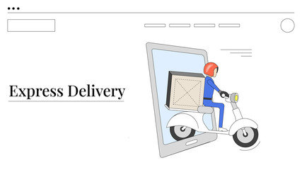 Express bike delivery creative concept. Light outline drawing style. Isolated illustration for your design, infographic, landing page or app designing.