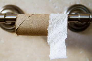 Empty toilet paper tube in a toilet paper holder  finished toilet paper roll needs to be replaced © Karynf
