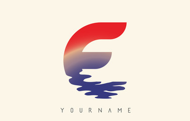 E Letter Logo with Water Effect and Sunset Gradient Vector Design.