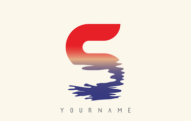 S Letter Logo with Water Effect and Sunset Gradient Vector Design.