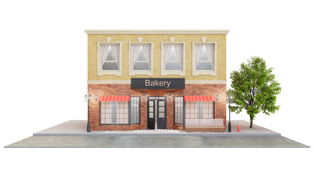 Bakery or shop with delicious pastries. Exterior of a building near the road on a white background. View from street is a bench with a garbage bin, street lights and a beautiful tree, 3d illustration