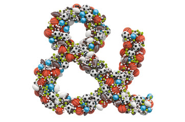 Ampersand symbol from sport gaming balls, 3D rendering