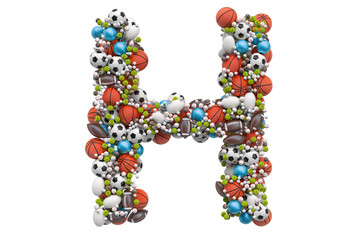 Letter H from sport gaming balls, 3D rendering