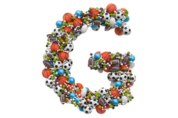 Letter G from sport gaming balls, 3D rendering