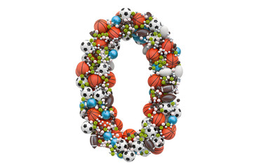 Number 0 from sport gaming balls, 3D rendering
