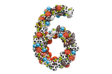 Number 6 from sport gaming balls, 3D rendering