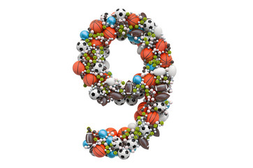 Number 9 from sport gaming balls, 3D rendering