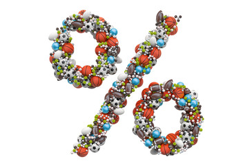 Percent sign from sport gaming balls, 3D rendering