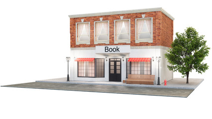 Bookstore or library. Exterior of a building near the road on a white background. The view from the street is a bench with a garbage bin, street lights hydrant and a beautiful tree, 3d illustration
