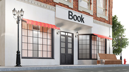 Obraz premium Bookstore or library. Exterior of a building near the road. Education concept. The view from the street is a bench with a garbage bin, street lights hydrant and a beautiful tree, 3d illustration